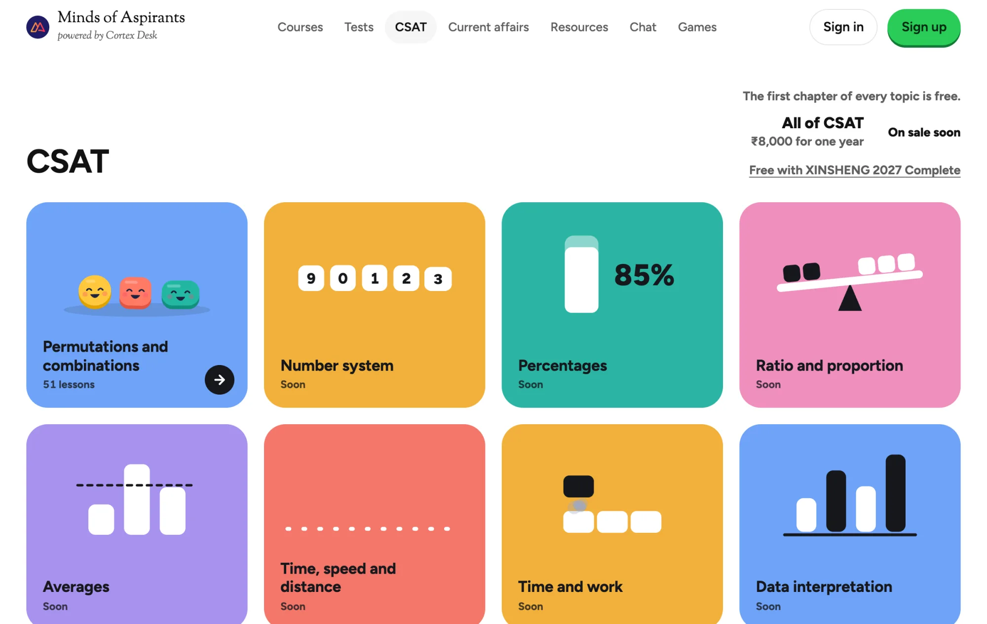 The CSAT room on Minds of Aspirants: a grid of colourful topic tiles, each with its own illustration.