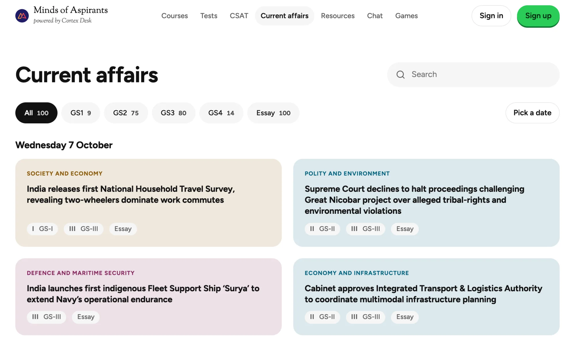 The Minds of Aspirants current-affairs feed, with dated stories tagged by General Studies paper.