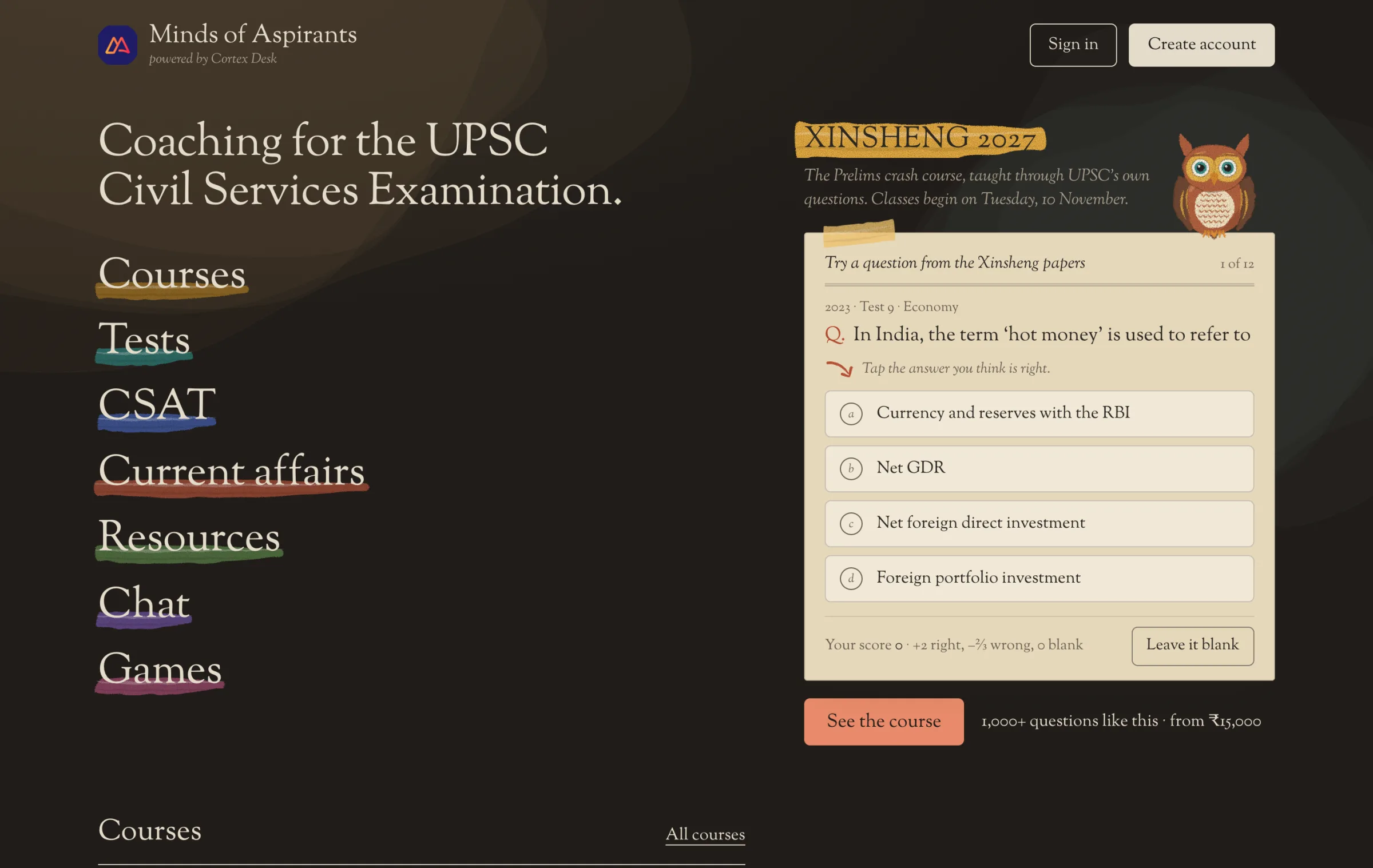 The Minds of Aspirants homepage: the institute's name with “powered by Cortex Desk” beneath it, its rooms, and a practice question to try.